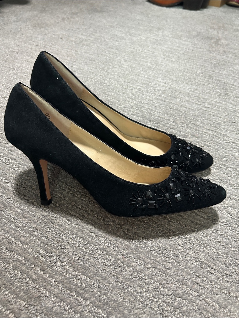 Oscar de la Renta Black Suede Pointed-Toe Embellished Pumps